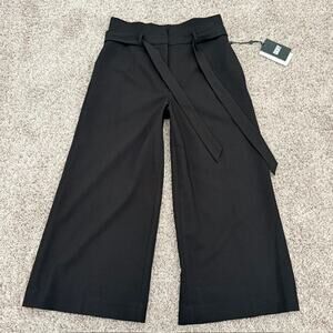 DKNY Wide Leg Cropped Pants Black Capri Women's 4P Pockets Zip Close + Tie NWT